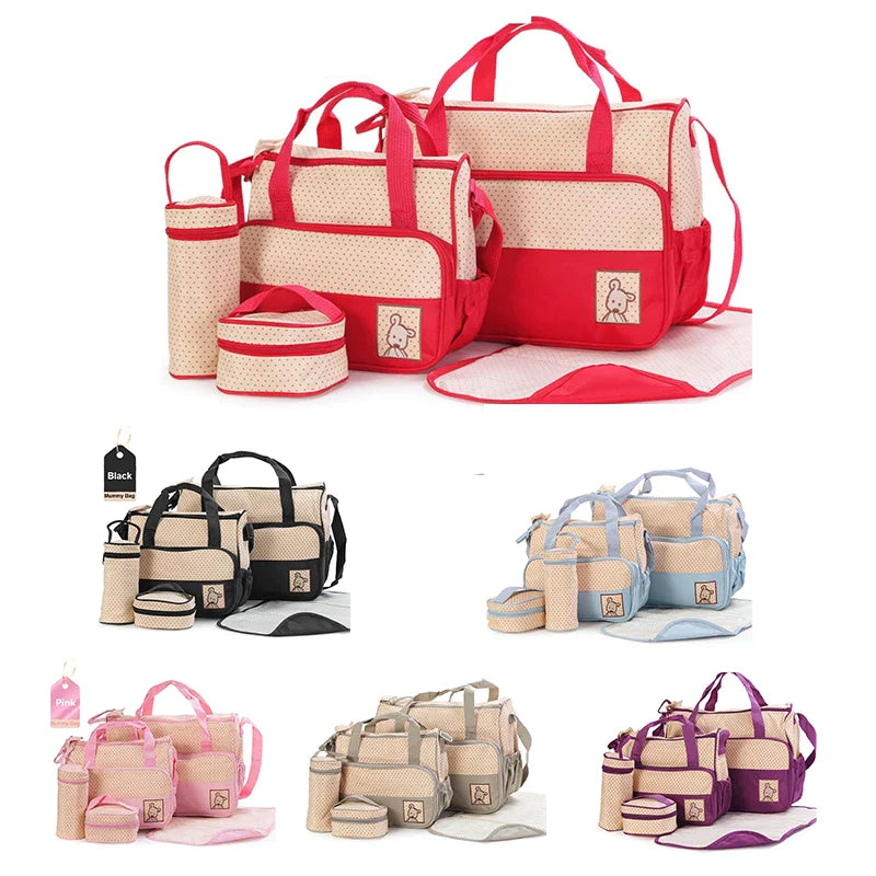 5Pcs/Set Fashion Diaper Bag Mummy Stroller Bag Large Capacity Handbag Nappy Changing Pad for Baby Care with 8 Colors