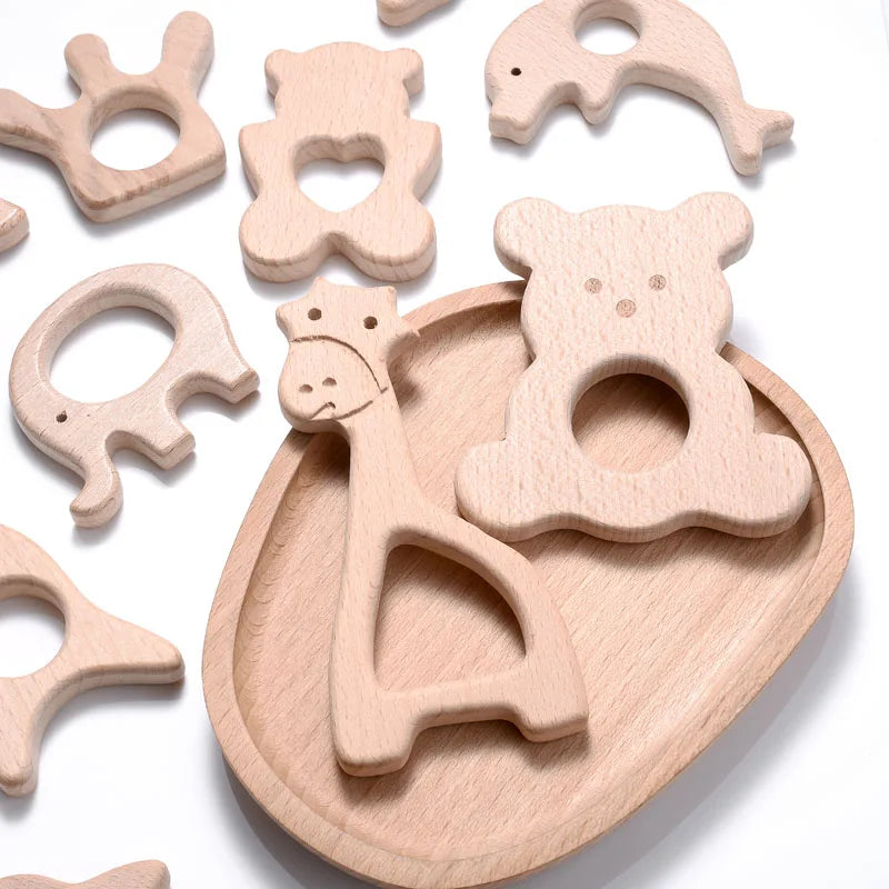 5Pcs/Lot Baby Pacifier Chain Chew Accessories Animal Shape Natural Beech Teething Wooden Teether Pendant Accessories